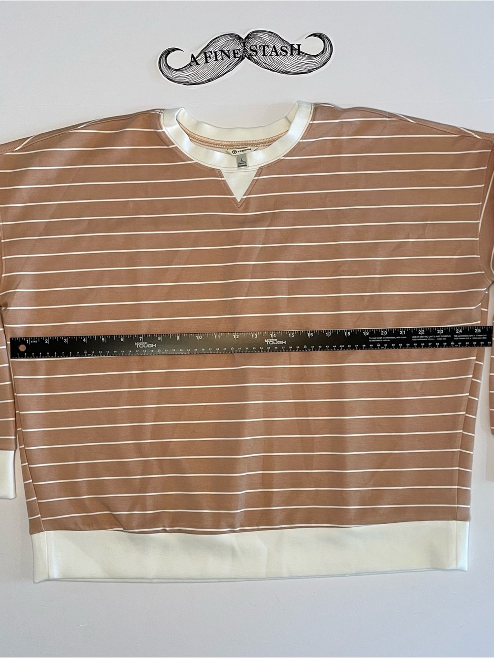 Versona Women's L Tan White Stripe Crewneck Pullover Sweatshirt Long Sleeve